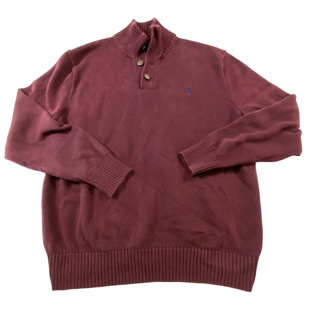Polo Ralph Lauren Mens XL Burgundy Button Mock Neck Pullover Sweater Blue Pony - Picture 2 of 10